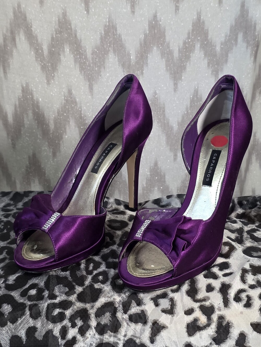 Caparros Purple Satin Rhinestone Bow Peep Toe Stiletto Heels 8.5 B